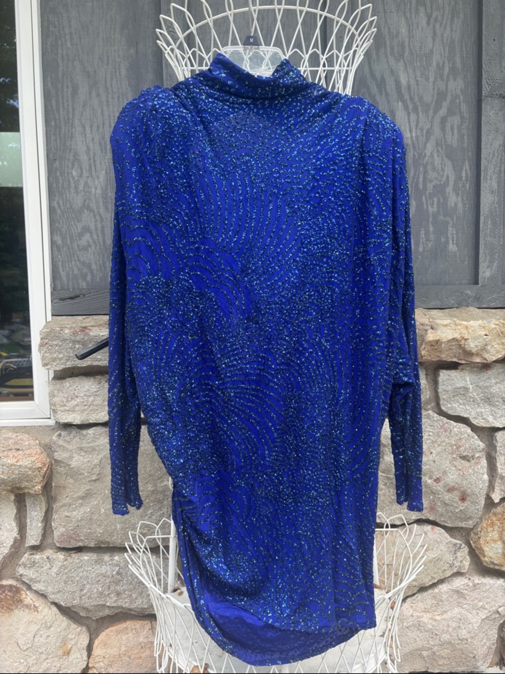 Vintage Royal Blue Glittered Long Sleeve open back Tunic & skirt 80’s